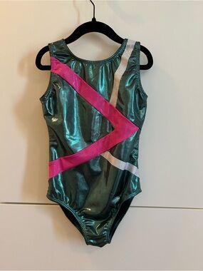 Dancina Shiny Teal and Gymnastics Leotard with Pink & Silver Accents - Size 8
